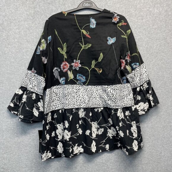 Calessa Embroidered Floral Top Womens Medium Black Colorblock Tunic - Picture 6 of 12
